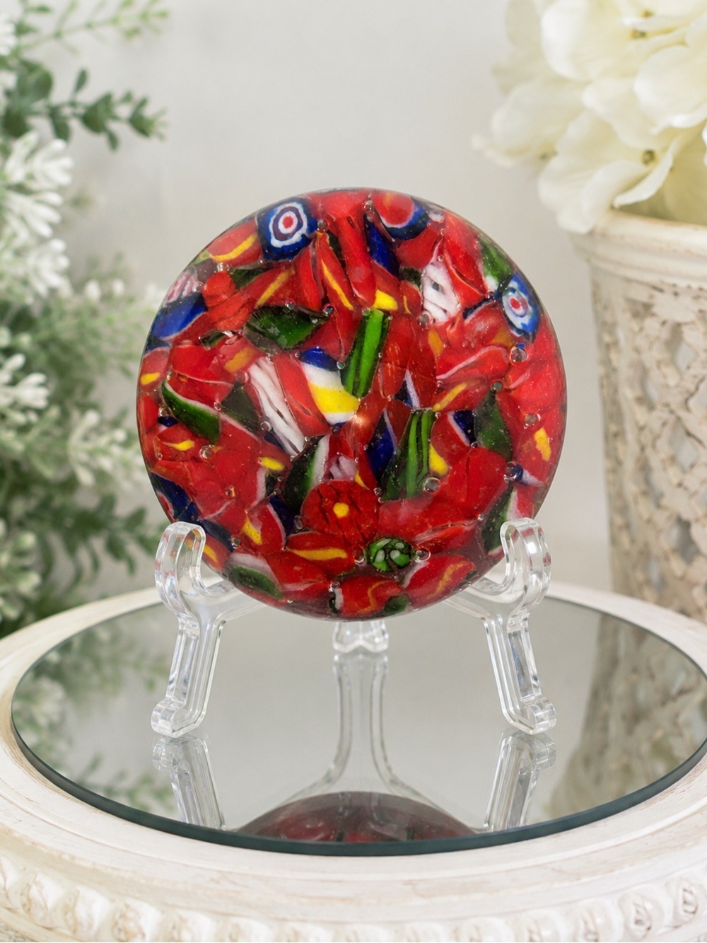 Vibrant Red Millefiori Glass Paperweight